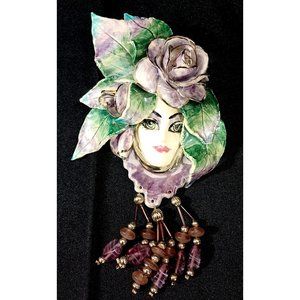 Vintage OOAK Bonnie Lee Purple Flower Fairy Sculpture Woman Face Clay Art Brooch